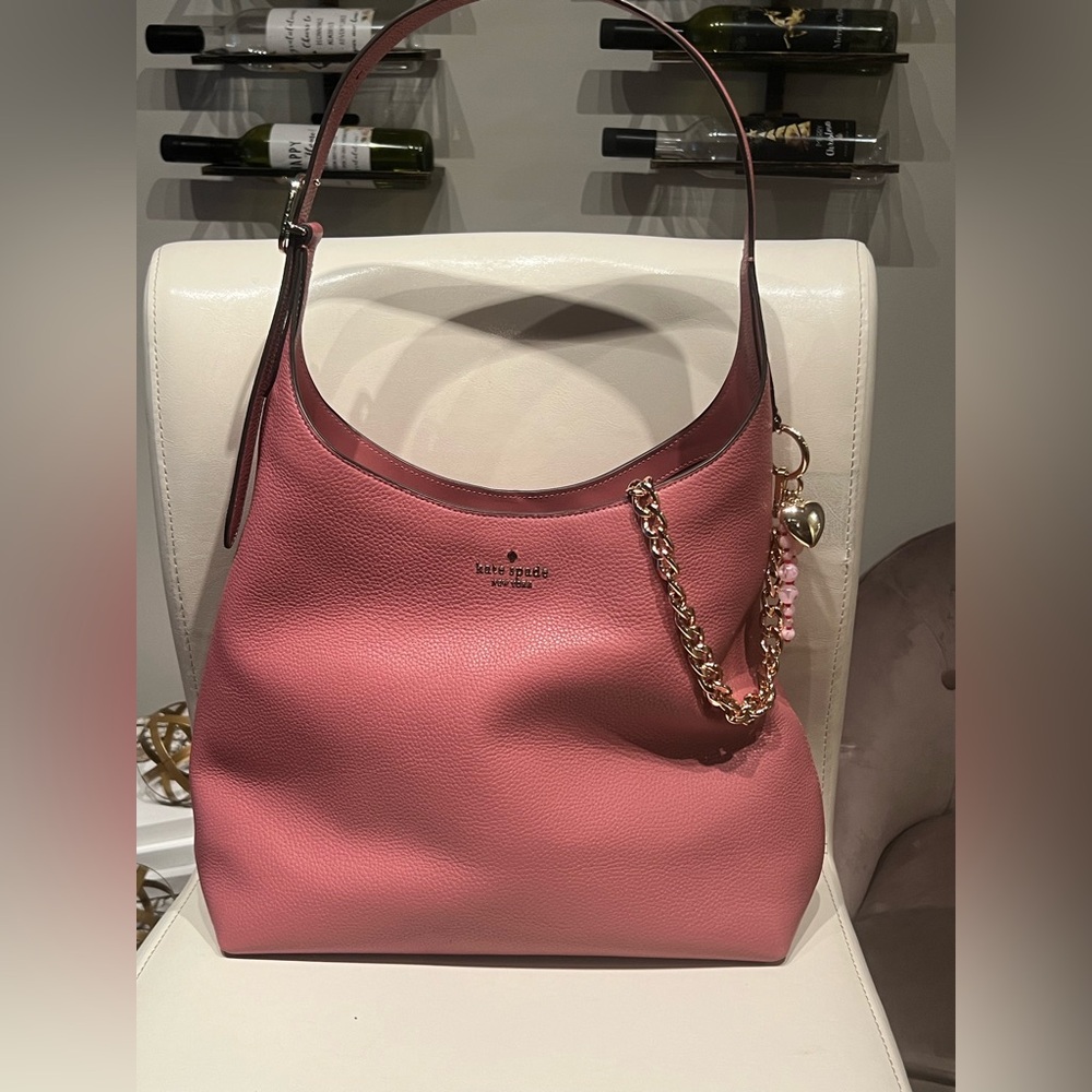 Kate Spade Large Pebbled Leather Shoulder Bag – Pomegranate Pink | NWT + Charms